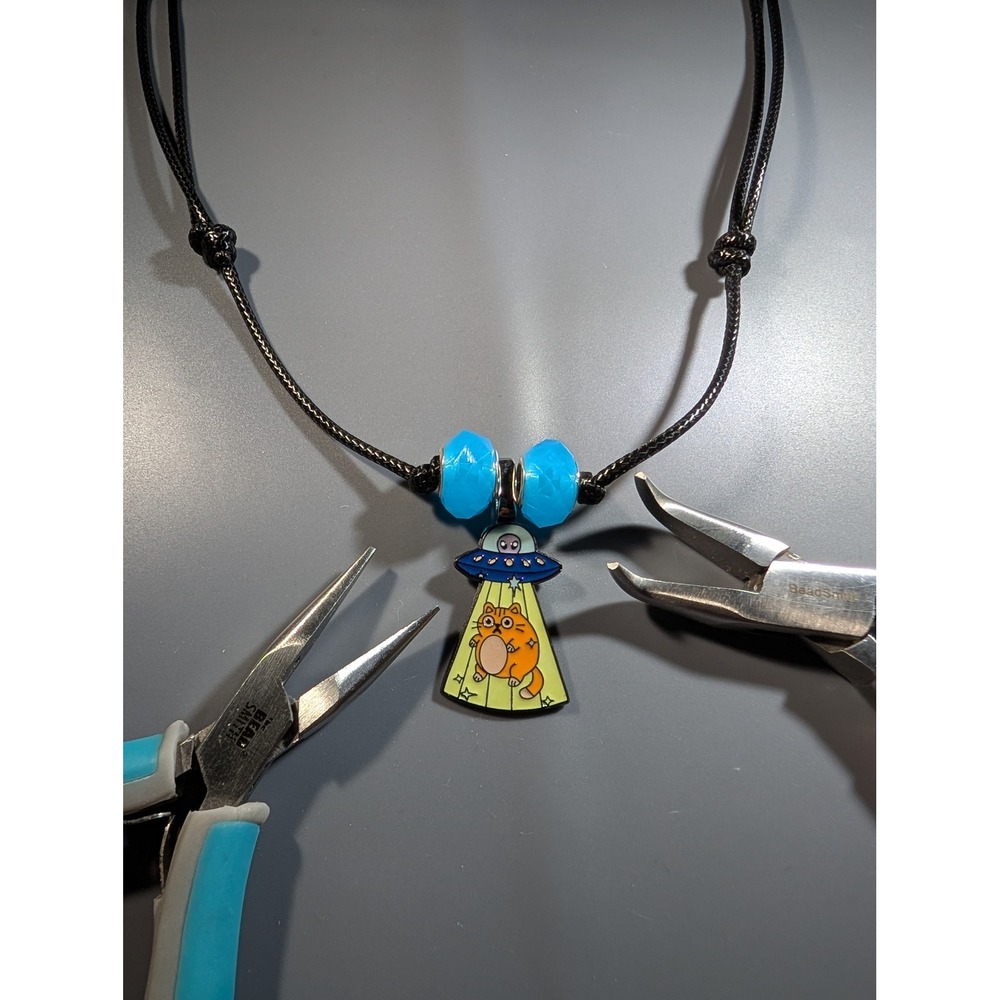 UFO Alien Cat Abduction Repurposed Enamel Pin Adjustable Cord Necklace Blue